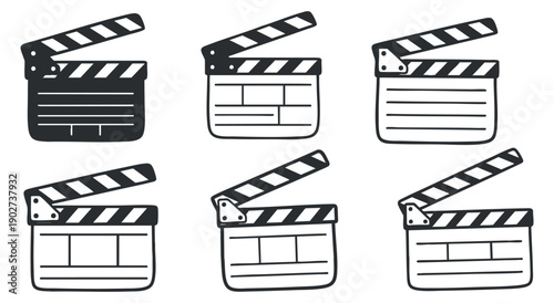 A set of six clapperboards in black and white minimalist vector style, ideal for film production and media design