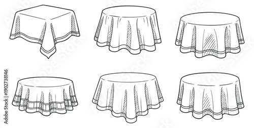 A set of various table designs featuring different tablecloth styles in clean black and white outline vector style, ideal for event planning and interior design projects