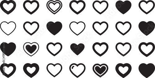 Simple black hearts arranged vertically on a plain white background minimalist design high quality professional detailed