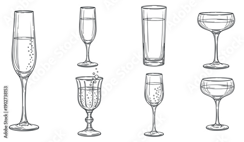 A collection of various drink glasses including champagne flutes, highball, and cocktail glasses in minimalist outline vector style, perfect for bar and restaurant menus