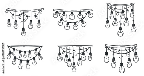 A collection of decorative string lights with various bulb arrangements in black and white outline vector style, ideal for event decoration and ambiance design