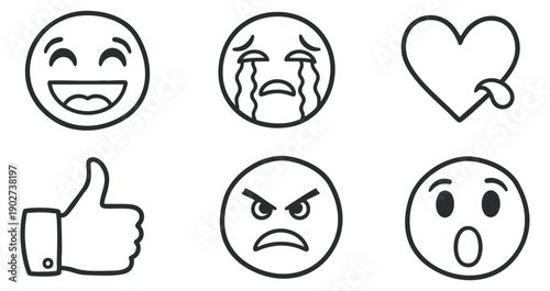 A set of six emotion emojis including happy, sad, love, angry, surprised, and thumbs up in flat outline vector style, ideal for digital communication and social media.