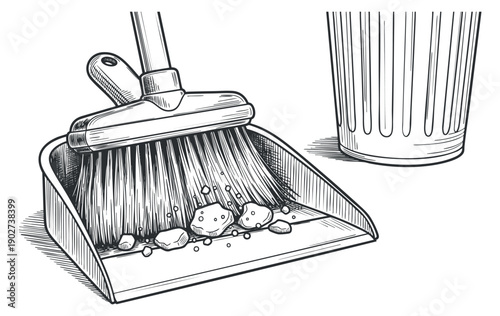 A dustpan and broom set with scattered debris in detailed black and white sketch style, perfect for cleaning and sanitation themes