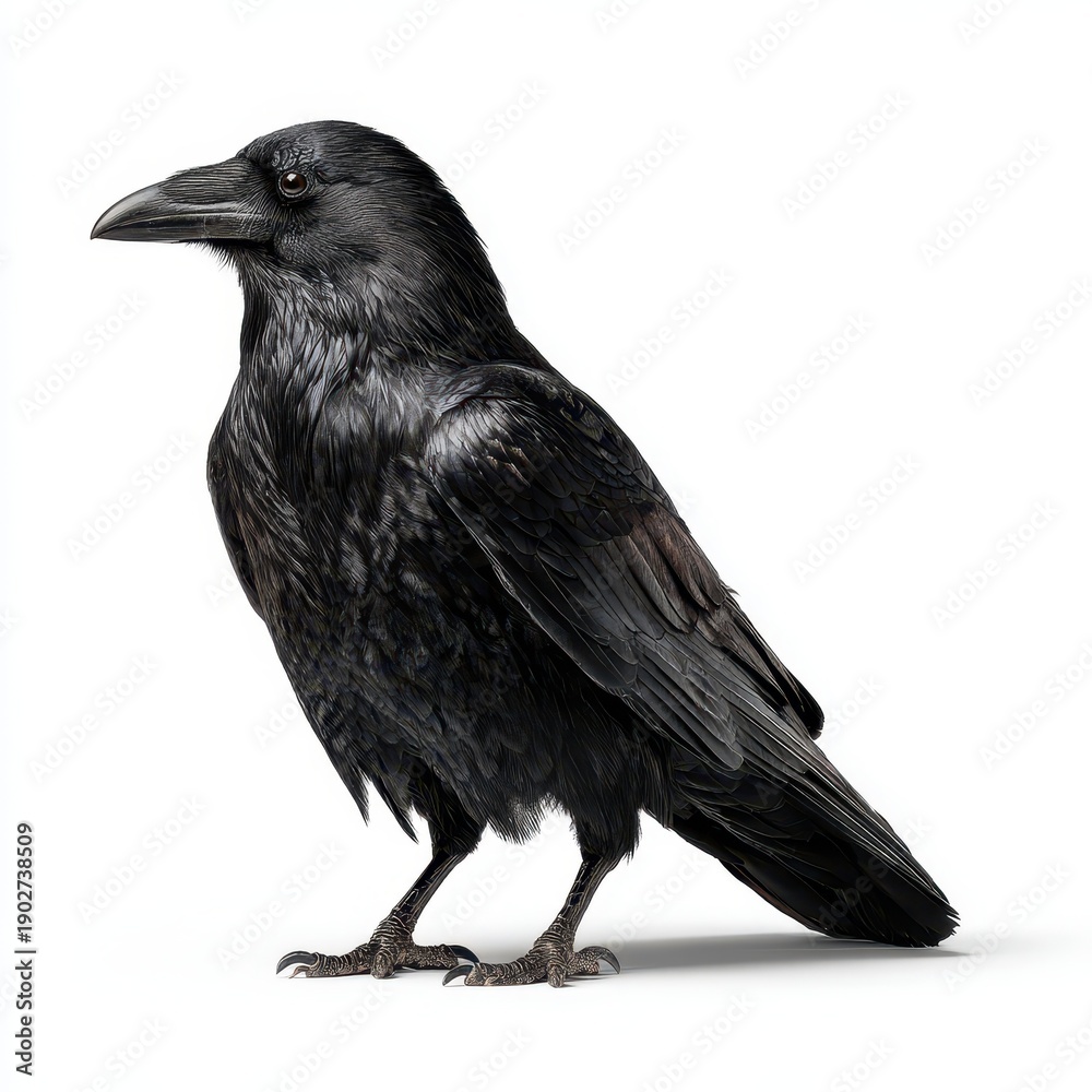 Fototapeta premium Isolated raven on a seamless white background with crisp feather texture