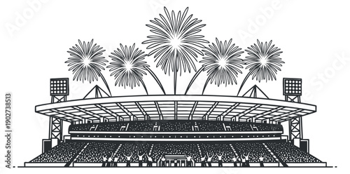A stadium with fireworks in outline vector style, ideal for sports events and entertainment graphics