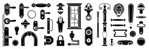 Door hardware icon set illustration, black silhouette symbols featuring handles, locks, hinges, knob,s keys, and architectural fitting elements.
