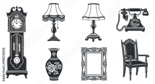 A collection of vintage home decor elements including a clock, lamps, a telephone, and a chair in detailed black and white vector style, suitable for interior design projects