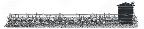 A beehive surrounded by flowers and a wooden fence in black and white vector style, ideal for gardening and agricultural themes