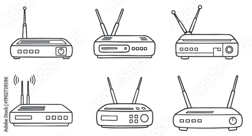 A set of six router illustrations in flat outline minimalist vector style, suitable for technology and networking designs