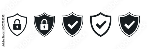 Security shield icon set illustration, black and white symbols with lock and check marks representing data protection, privacy verification, and digital safety concepts.