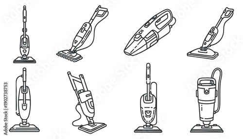 A set of various vacuum cleaners in outline style, showcasing different types and designs, perfect for home appliance branding
