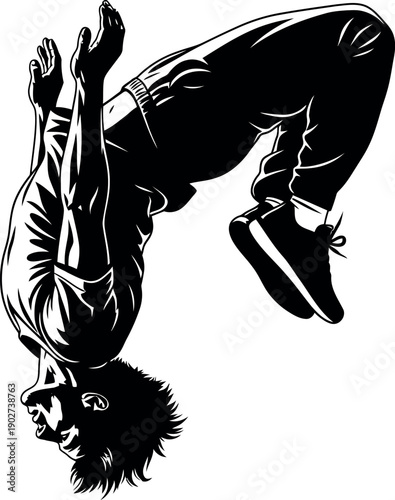A black and white illustration of a person doing a handstand
