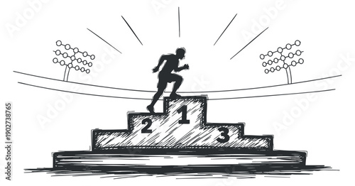 A sketch of a runner on a podium with numbers 1, 2, and 3 in black and white outline vector style, ideal for sports-related graphics