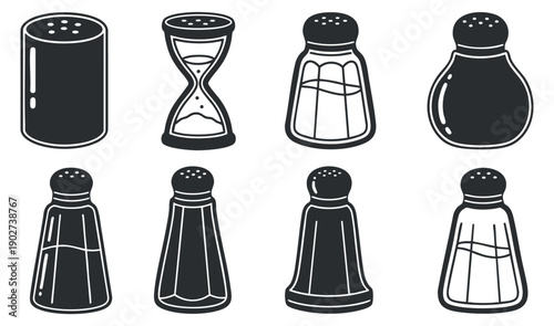 A collection of salt and pepper shakers, an hourglass, and various seasoning containers in black and white minimalist vector style, ideal for culinary-themed projects