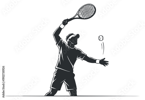 A tennis player serving a ball with a racquet in minimalist black and white vector style, ideal for sports branding