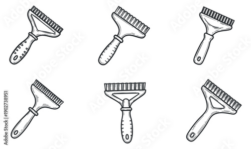 A collection of gardening rakes in hand-drawn black and white vector style, suitable for landscaping and gardening projects