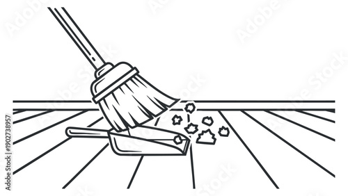 A broom sweeping debris into a dustpan in a simple black and white outline vector style, ideal for cleaning service graphics