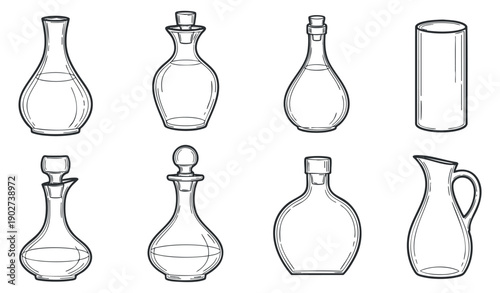 A collection of various glass bottles and decanters in minimalist outline vector style, perfect for kitchen and barware designs