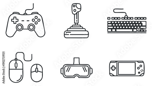 A collection of gaming controllers, joystick, keyboard, mouse, and VR headset in clean outline vector style, perfect for tech and gaming projects