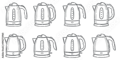 A set of electric kettles in outline vector style, perfect for kitchen appliance design and branding projects
