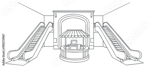A minimalist outline illustration of an escalator area with a central kiosk in modern vector style, suitable for architectural design projects