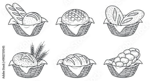 A set of various bread and pastry baskets in detailed black and white line art style, perfect for bakery branding and culinary designs