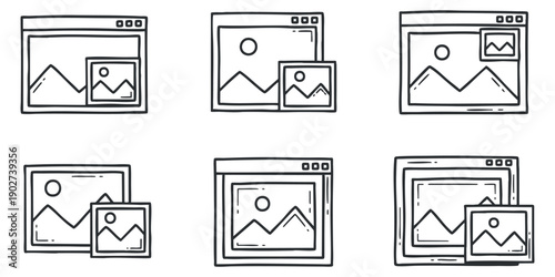 A collection of six outline style web image display icons in minimalist vector design, ideal for user interface projects