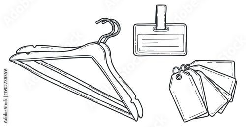 A collection of clothing hangers and price tags in outline minimalist vector style, ideal for fashion branding and retail design