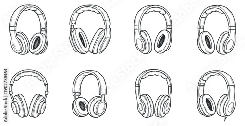 A collection of eight different headphone designs in black and white outline vector style, ideal for music and technology-themed projects