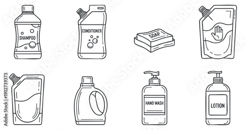 A collection of personal care product icons including shampoo, conditioner, soap, hand wash, and lotion in minimalist outline vector style, ideal for beauty and hygiene branding