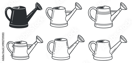 A set of five watering cans in black and white outline vector style, ideal for gardening and landscaping projects