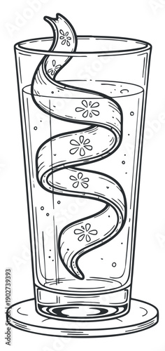 A tall glass of refreshing beverage with a spiral lemon slice and bubbles in outline vector style, ideal for drink menus and summer promotions