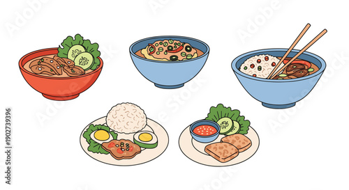 Vietnamese Food Line art vibrant color