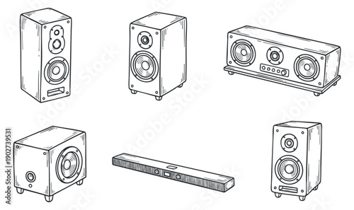 A collection of audio speakers including a soundbar and stereo speakers in minimalist outline vector style, suitable for music and technology design