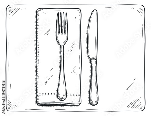 A fork and knife placed on a napkin on a placemat in black and white sketch vector style, suitable for restaurant menus and culinary designs
