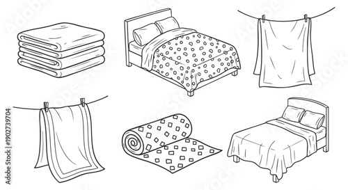 A collection of bedding and textiles including blankets, sheets, and a bed in minimalist outline vector style, ideal for home decor projects