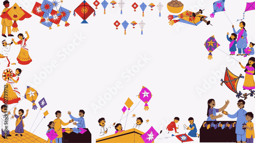 Makar Sankranti kite flying festival vector illustration with families on rooftops colorful kites sweets sugarcane harvest celebration joyful cultural lifestyle border frame with copy space for text