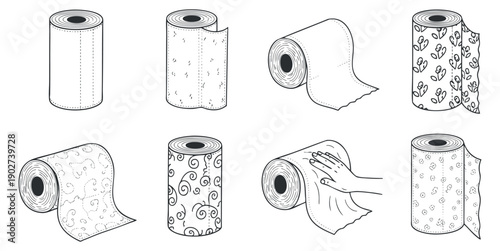A collection of decorative paper rolls with various patterns in minimalist black and white vector style, ideal for crafting and design projects.