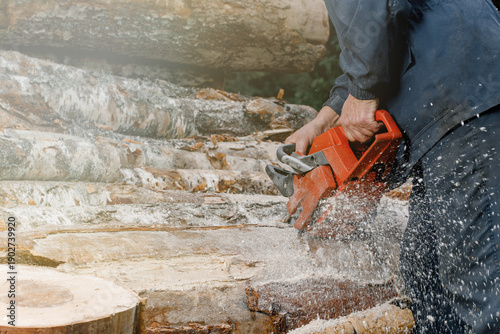 Male lumberjack using chainsaw to cut logs in a forest, wood chips flying, with stacked logs and trees visible in the background