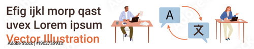 Language learning, translation services, remote communication, cultural exchange, education, teamwork. Two office workers at desks with speech bubbles and language icons. Translation services