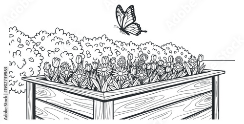 A butterfly flying over a wooden planter filled with flowers in black and white outline style, perfect for gardening illustrations