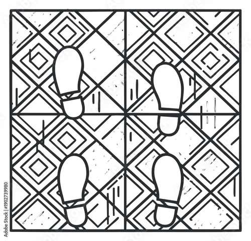 A set of footprints on a geometric patterned tile background in minimalist black and white vector style, suitable for creative projects