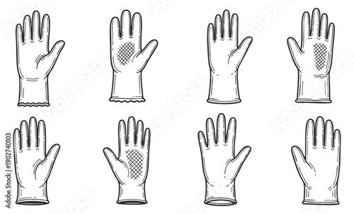 A set of hand glove illustrations in outline style, featuring various designs for cleaning and protection tasks, suitable for household use