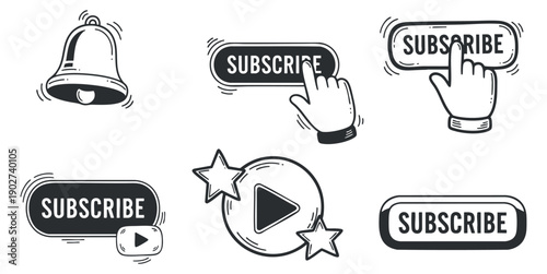 A collection of subscribe buttons and icons featuring a bell, play button, and hands in modern outline vector style, ideal for digital marketing and video content