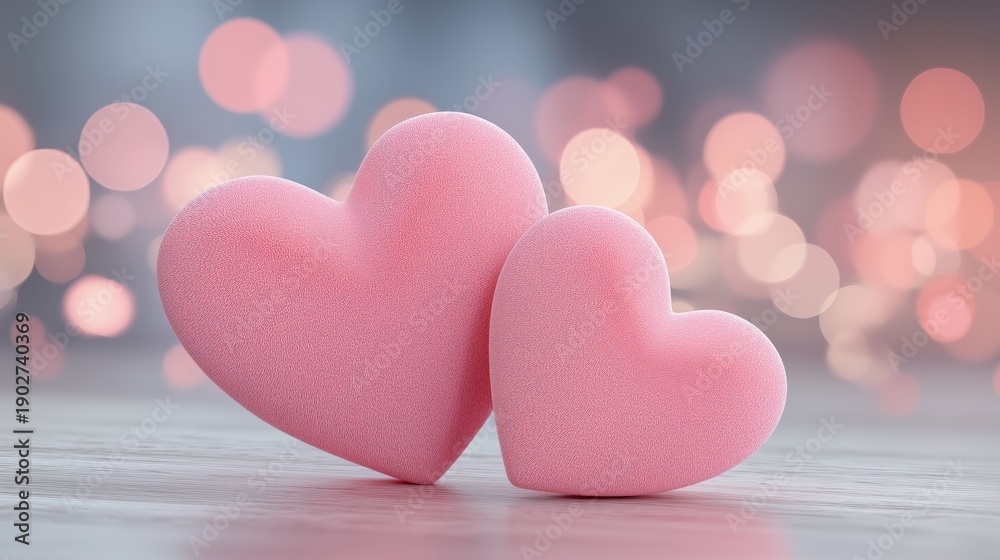 Obraz premium Two pink hearts sit side by side with a soft background of lights creating a romantic scene for love and affection