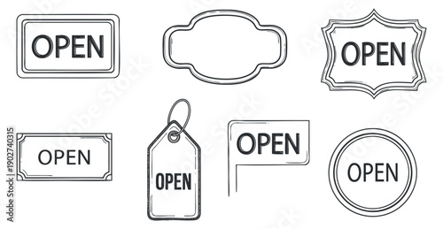 A collection of open signs in various shapes and styles, including tags and banners, in black and white vector style, perfect for retail branding and signage