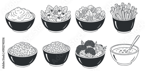 A collection of various food bowls featuring rice, noodles, and vegetables in black and white vector style, ideal for culinary artwork and restaurant menus