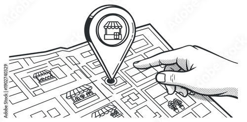 A hand pointing at a map with a location pin icon in black and white outline vector style, suitable for navigation applications and travel designs