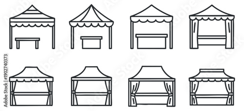A collection of various tent designs in black and white outline vector style, suitable for event planning and outdoor festivals