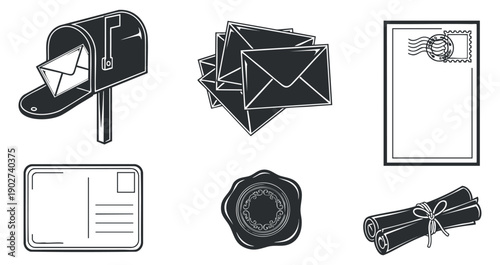 A collection of mail-related icons including a mailbox, envelopes, postcard, and scroll in black and white minimalist vector style, ideal for communication and postal service design
